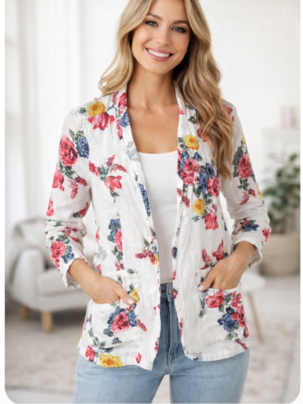 100% Linen Floral White Blazer Italian style Size XXL (runs smaller)  Feminine